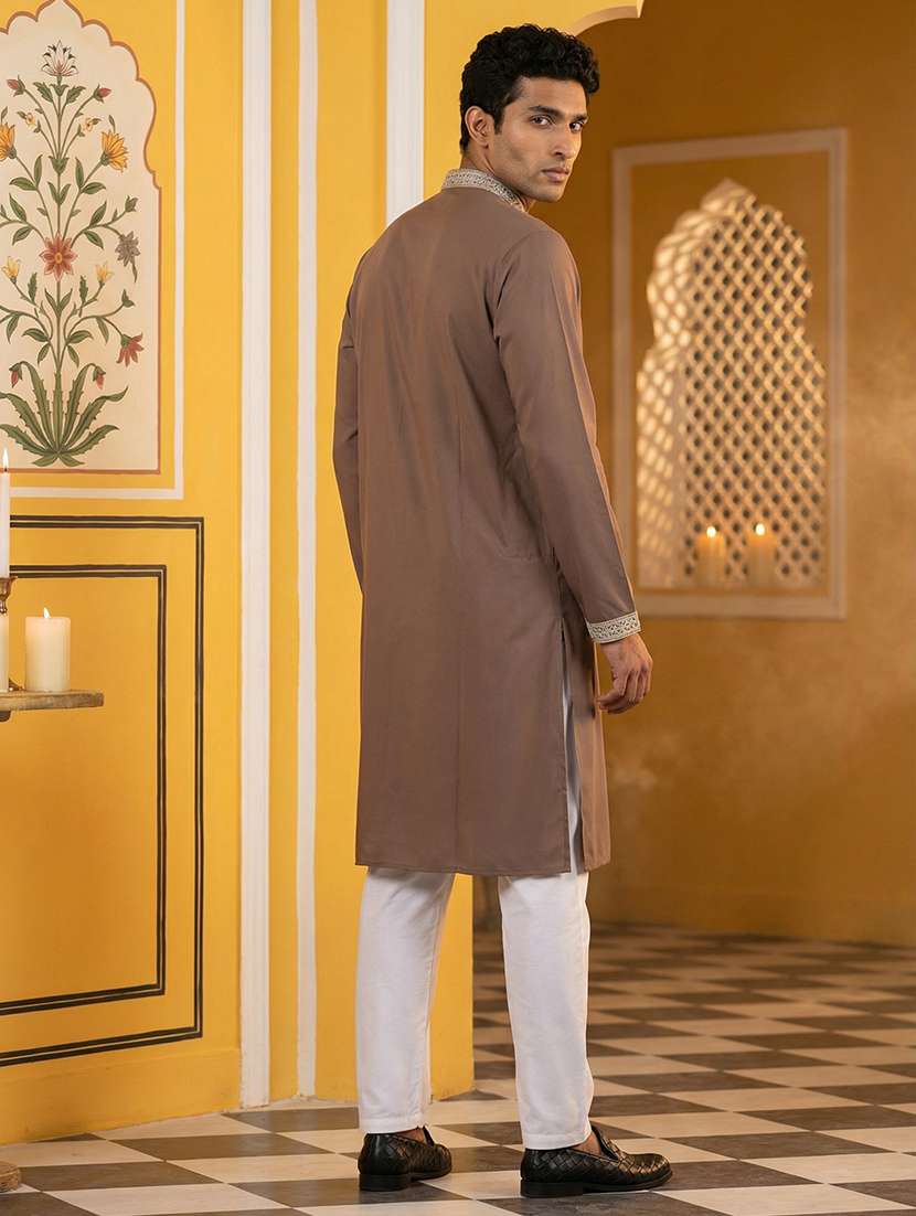 men solid with work mandarin neck kurta pyjama set - 22379242 -  Standard Image - 4