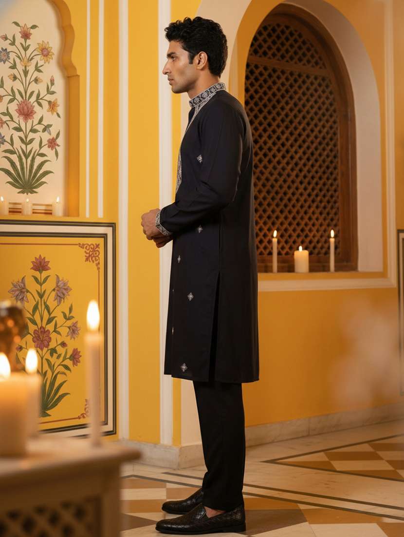 men solid with work mandarin neck kurta pyjama set - 22379244 -  Standard Image - 4