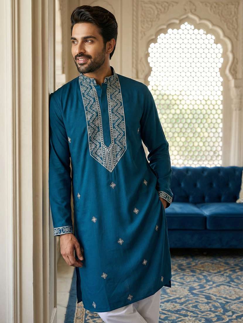 men solid with work mandarin neck kurta pyjama set