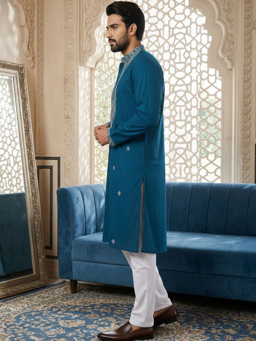 men solid with work mandarin neck kurta pyjama set - 22379245 -  Standard Image - 4