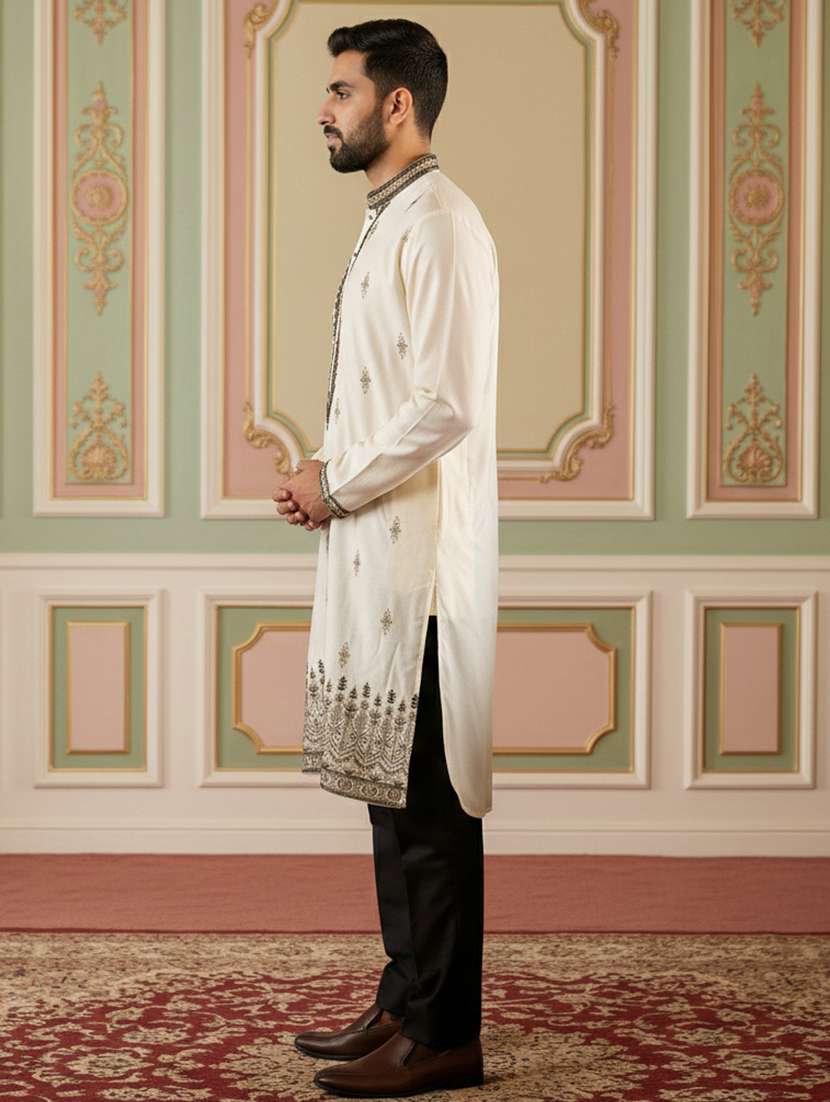 men solid with work mandarin neck kurta pyjama set - 22379251 -  Standard Image - 4