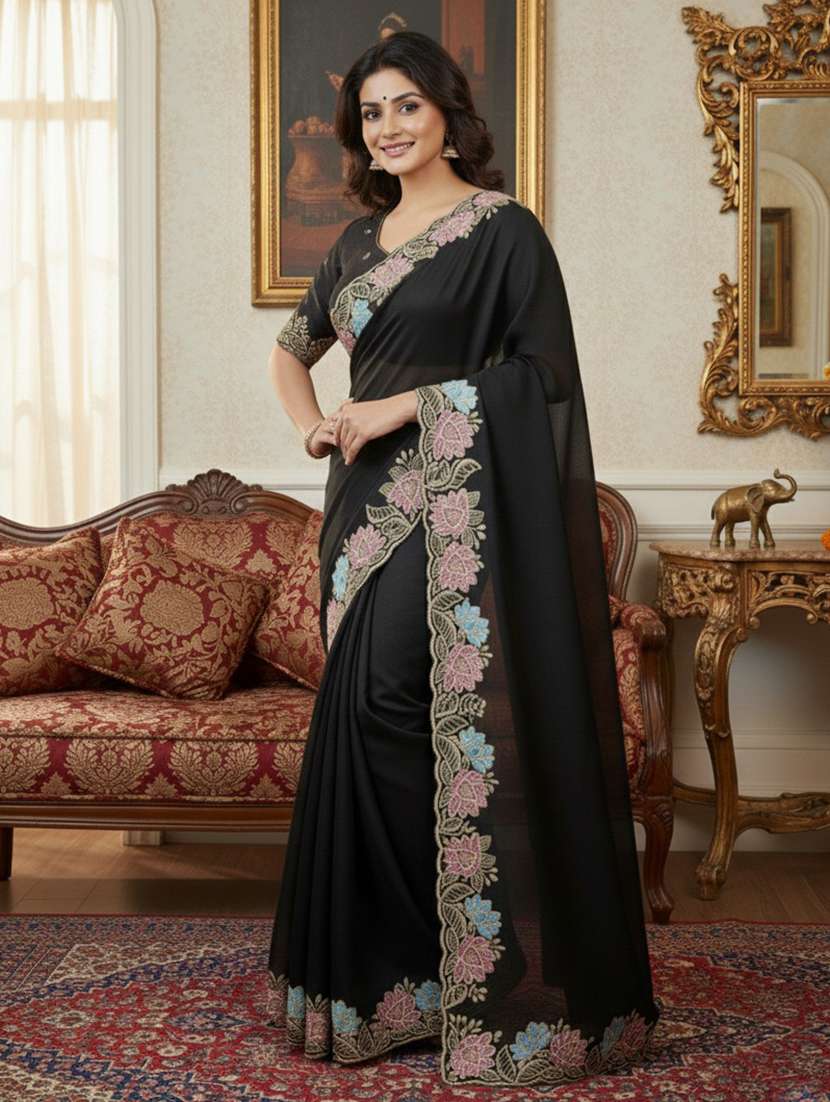 women solid with bordered saree with blouse - 22379257 -  Standard Image - 1