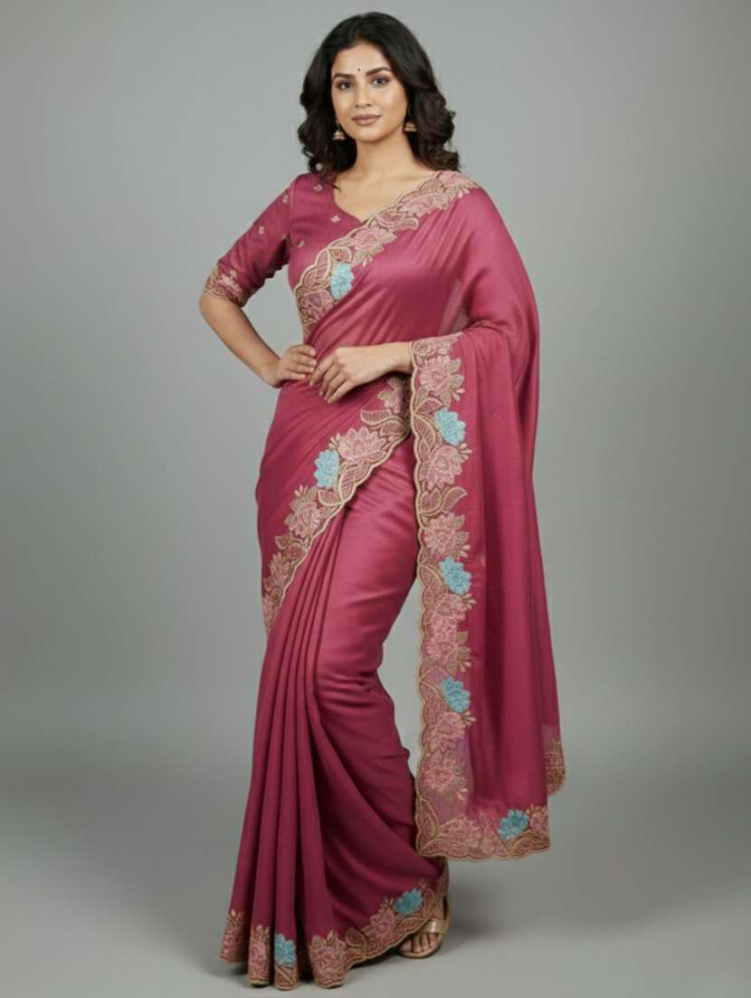 women solid with bordered saree with blouse - 22379263 -  Standard Image - 1