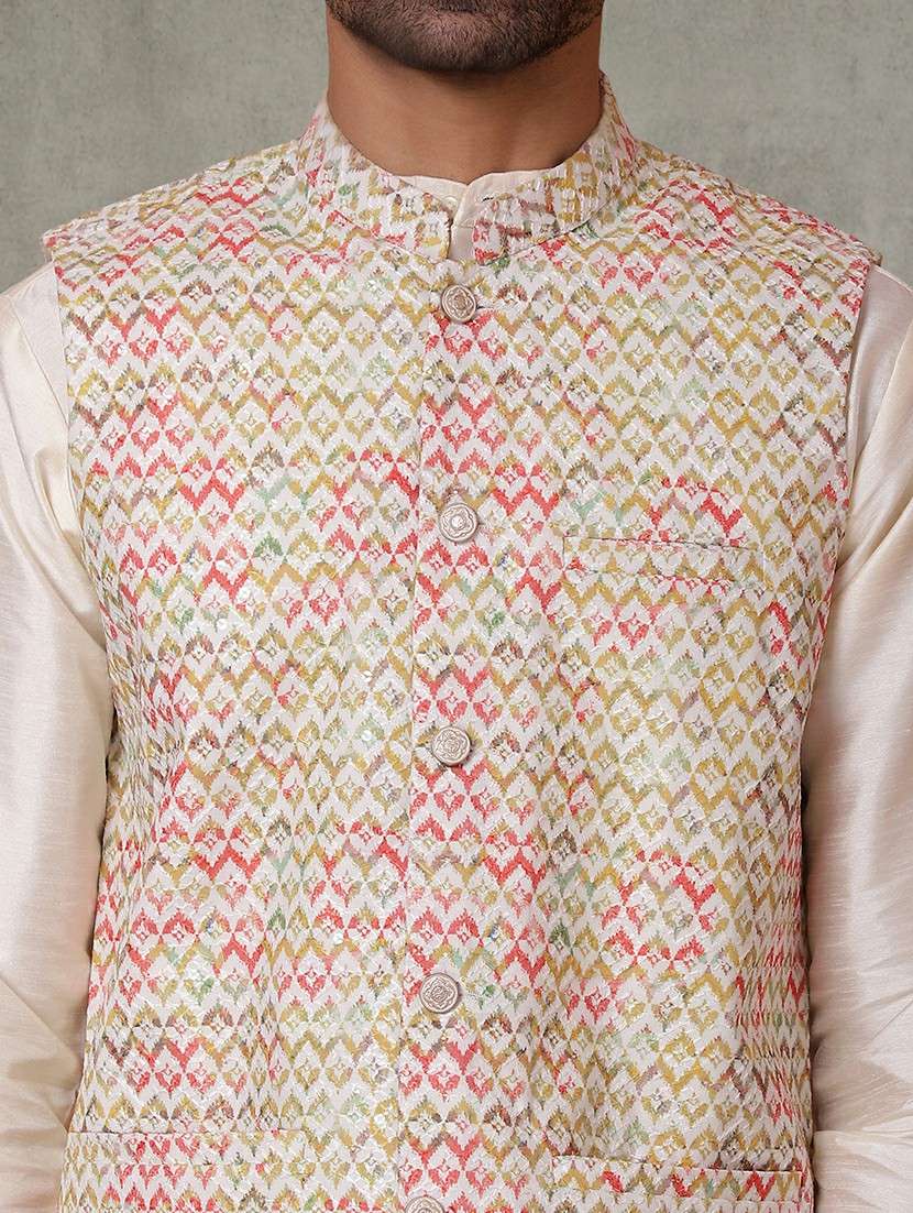 men printed mandarin neck nehru jacket - 22379303 -  Standard Image - 1