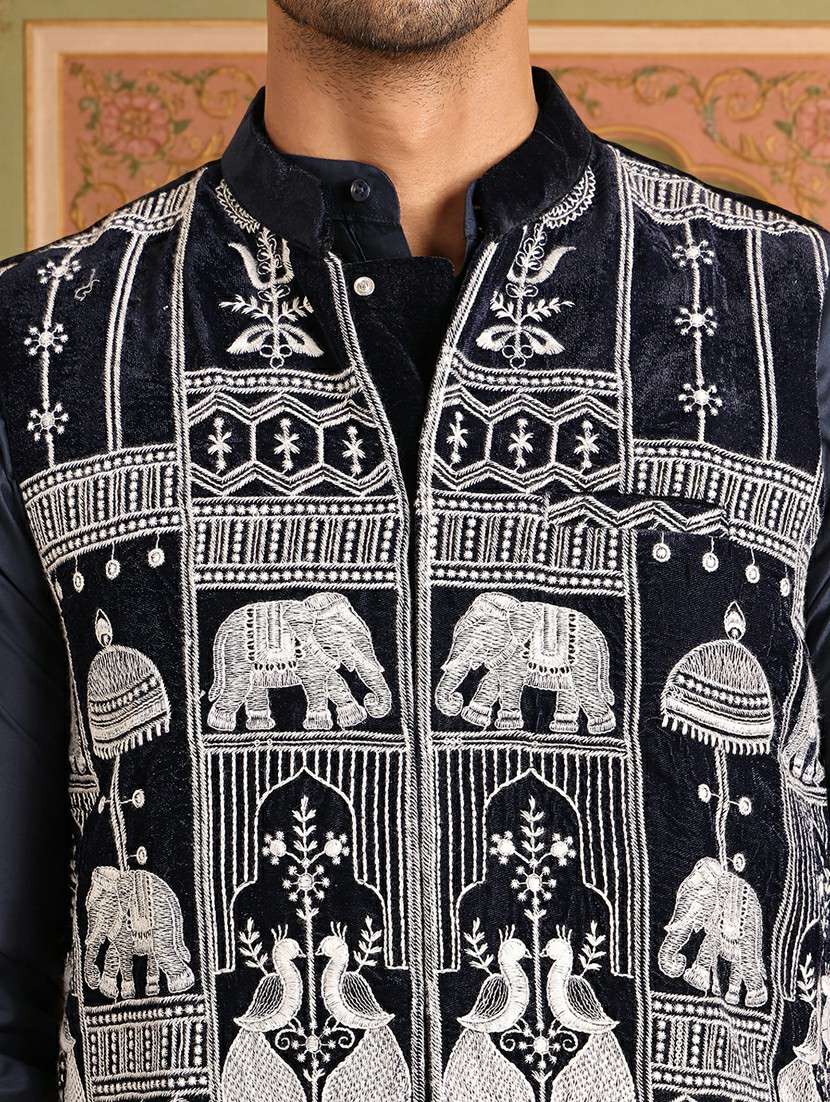 men solid with work mandarin neck nehru jacket - 22379308 -  Standard Image - 1