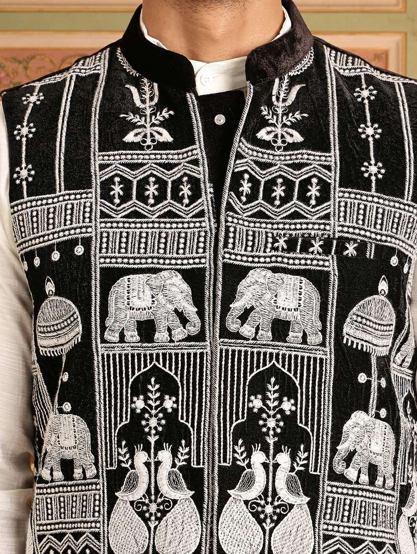 men solid with work mandarin neck nehru jacket - 22379309 -  Standard Image - 1