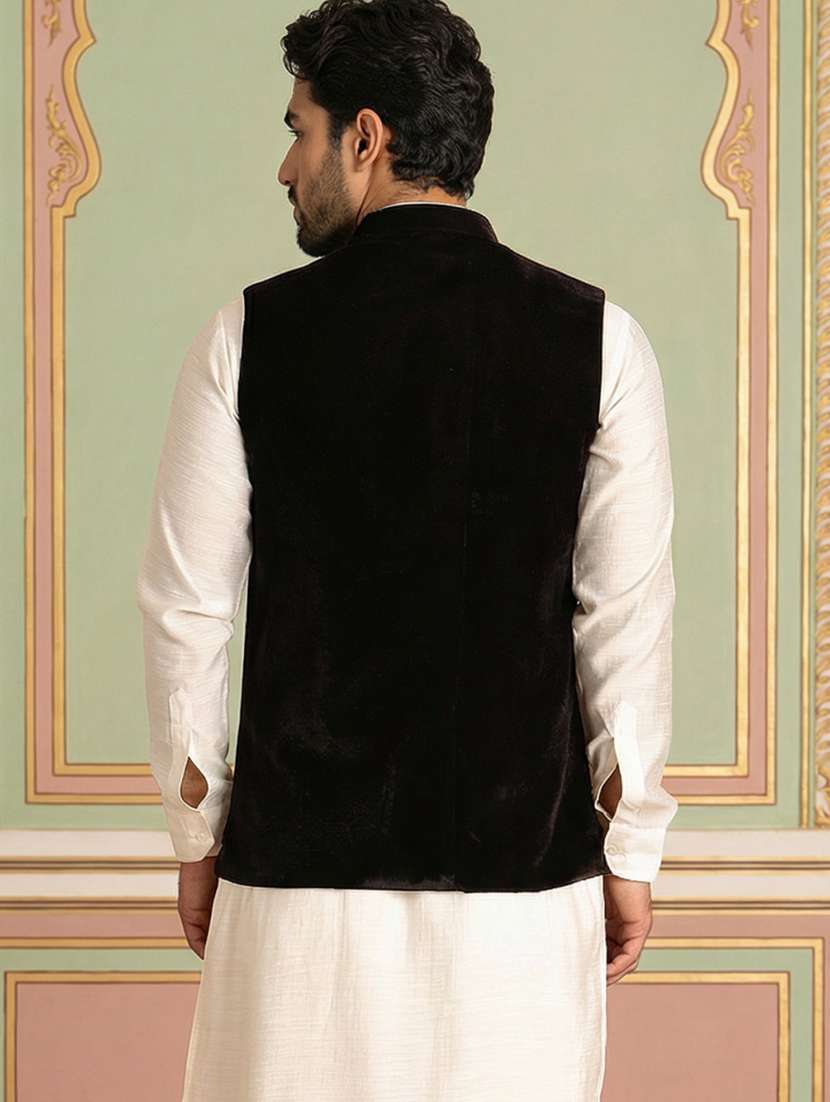 men solid with work mandarin neck nehru jacket - 22379309 -  Standard Image - 4