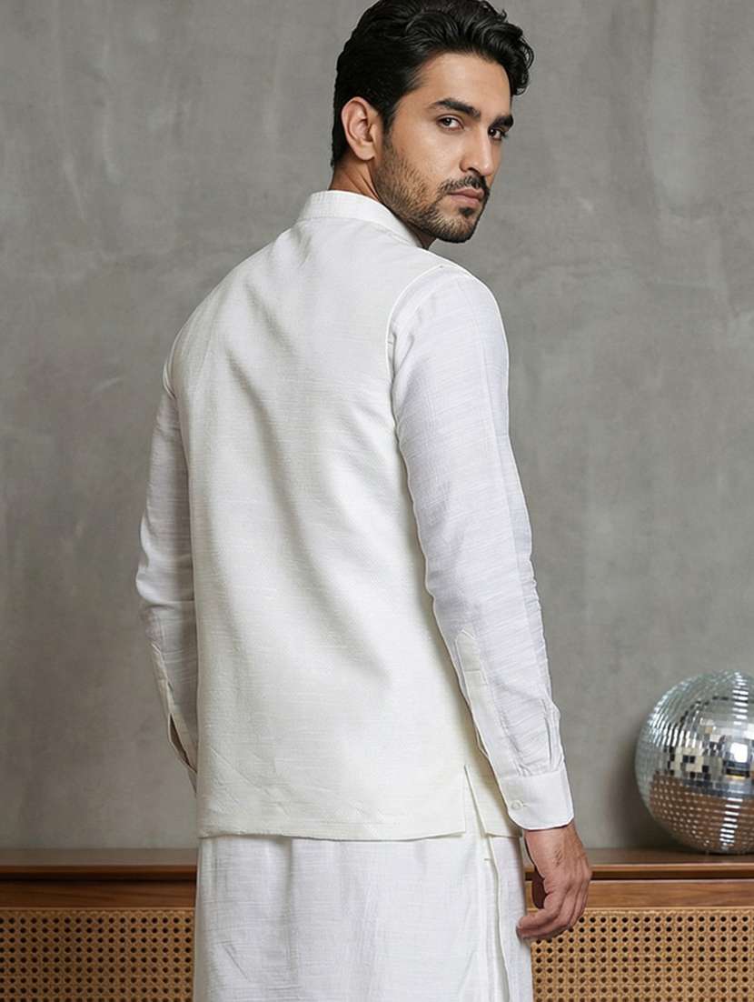 men solid with work mandarin neck nehru jacket - 22379312 -  Standard Image - 4
