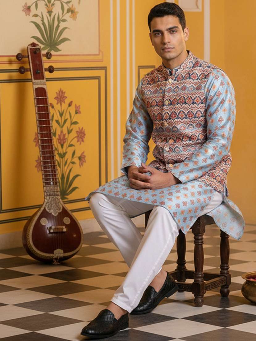 men printed mandarin neck nehru jacket - 22379313 -  Standard Image - 4