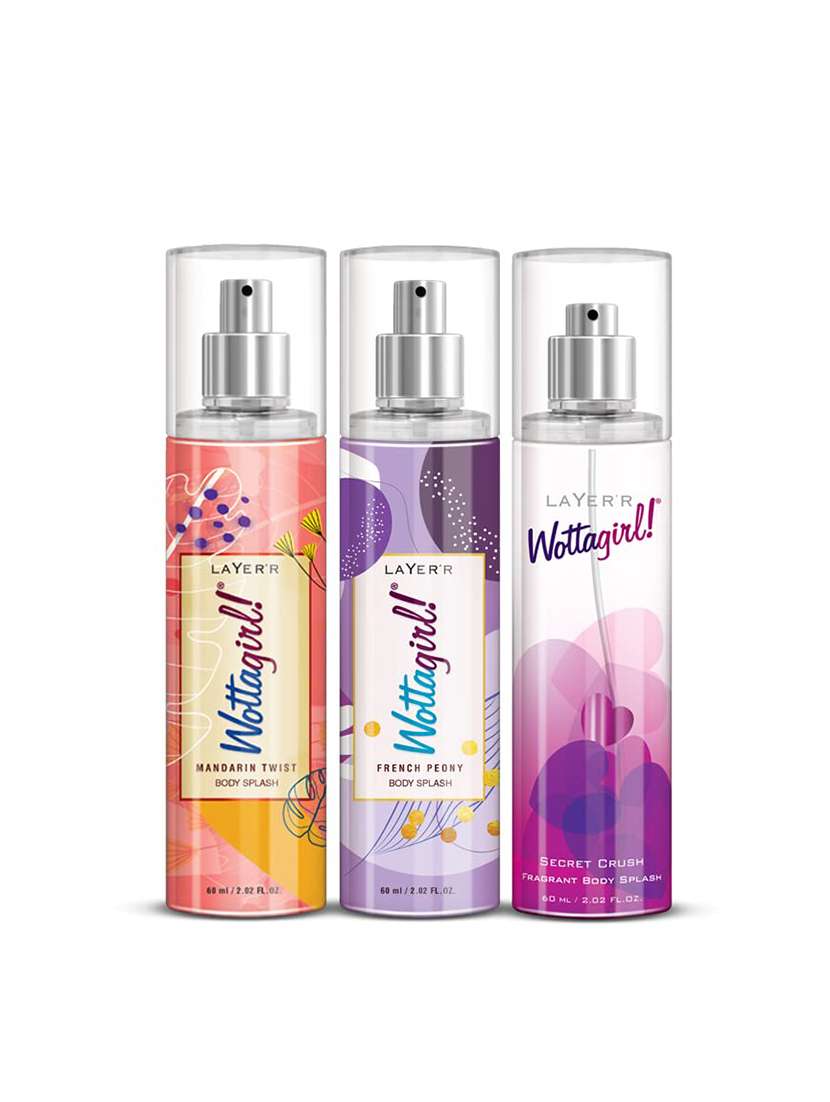 layer'r wottagirl body splash combo pack of 3 mandarin twist 60 ml, french peony 60 ml and secret crush 60 ml, spray, women - 22379328 -  Standard Image - 1