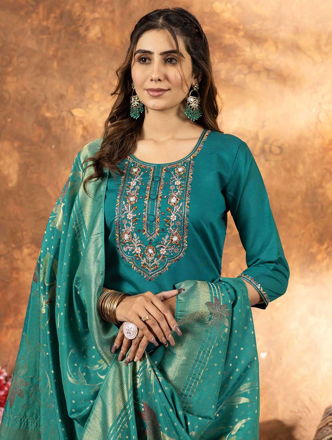 women solid with work three quarter sleeve kurta pant with dupatta set - 22379411 -  Standard Image - 1