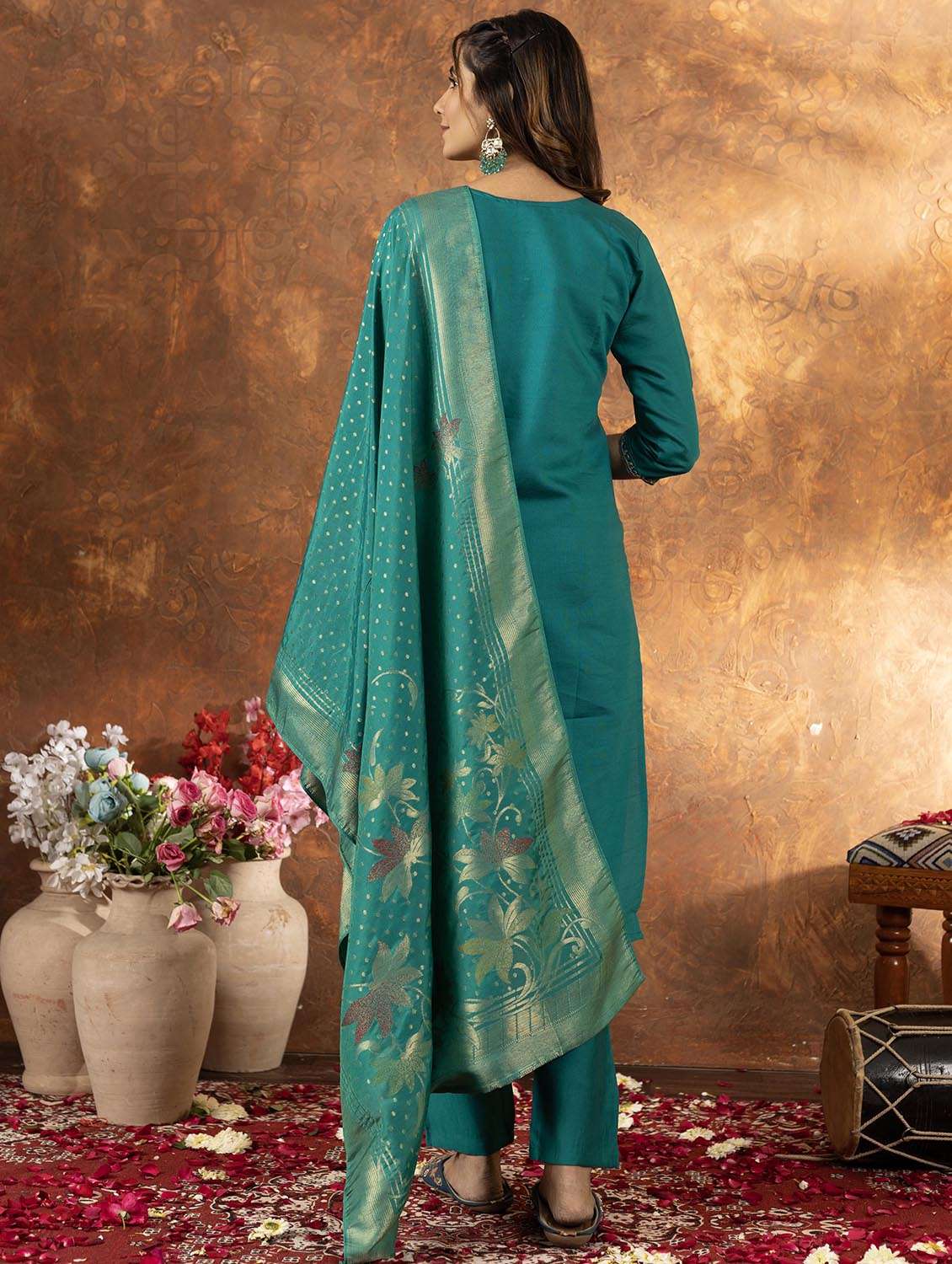 women solid with work three quarter sleeve kurta pant with dupatta set - 22379411 -  Standard Image - 4