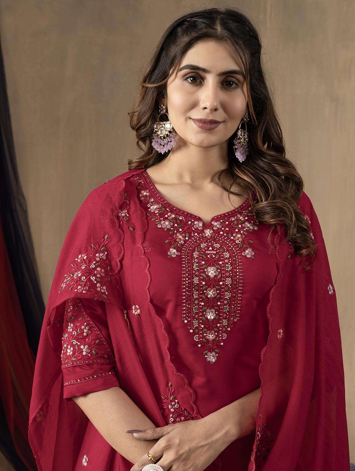 women solid with work three quarter sleeve kurta pant with dupatta set - 22379415 -  Standard Image - 1