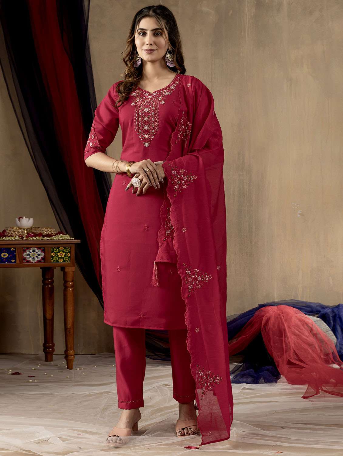 women solid with work three quarter sleeve kurta pant with dupatta set - 22379415 -  Standard Image - 4