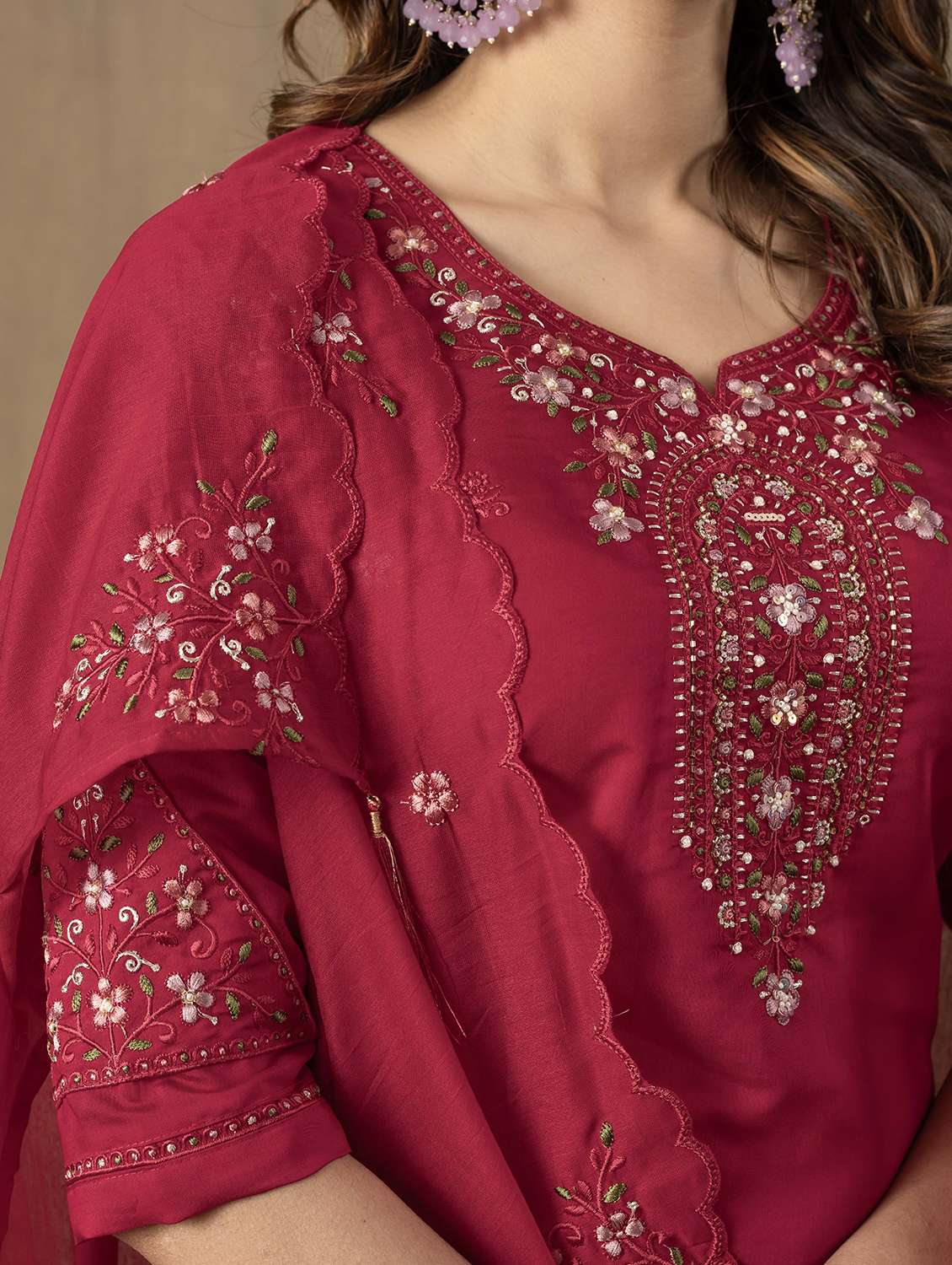 women solid with work three quarter sleeve kurta pant with dupatta set - 22379415 -  Standard Image - 6