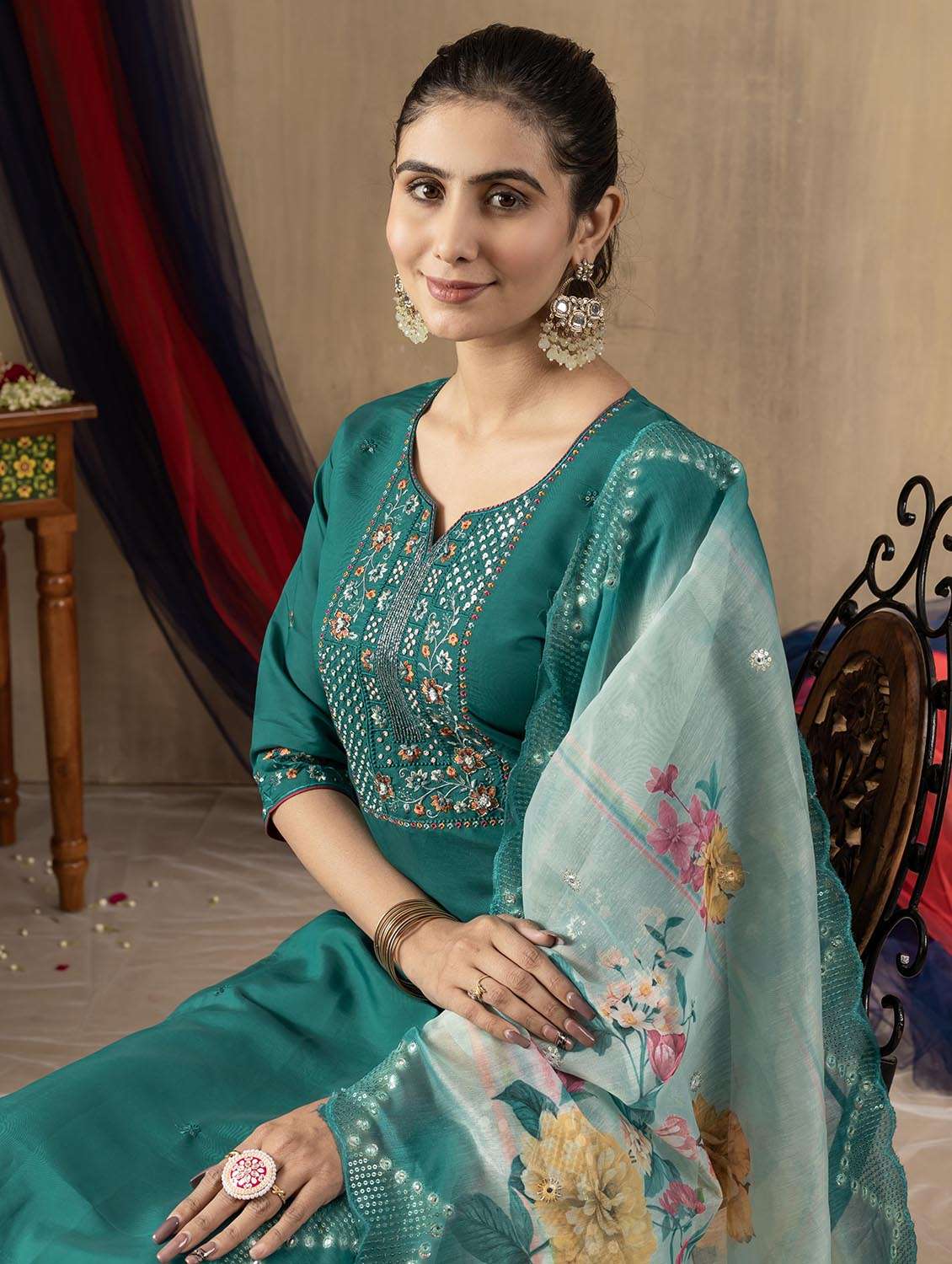 women solid with work three quarter sleeve kurta pant with dupatta set - 22379417 -  Standard Image - 1