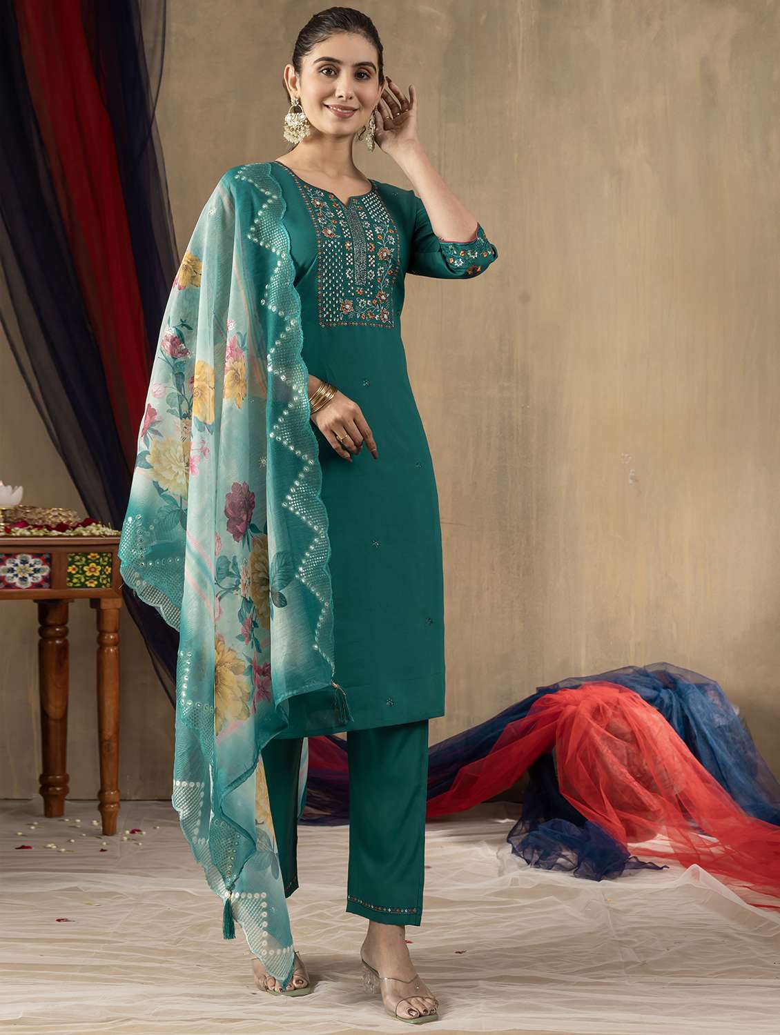 women solid with work three quarter sleeve kurta pant with dupatta set - 22379417 -  Standard Image - 4