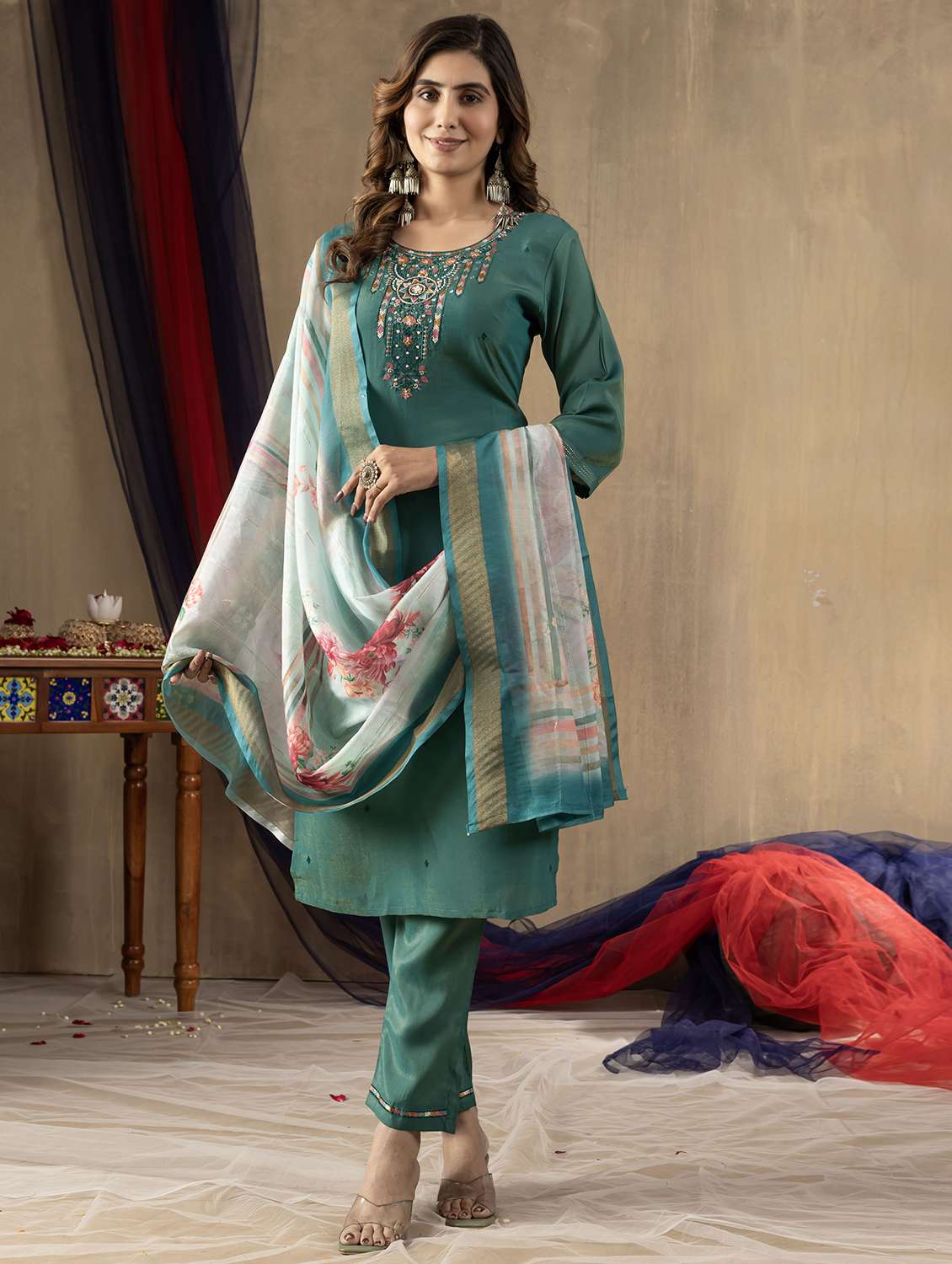 women solid with work three quarter sleeve kurta pant with dupatta set - 22379420 -  Standard Image - 4