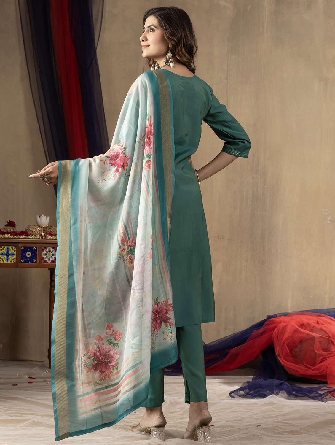 women solid with work three quarter sleeve kurta pant with dupatta set - 22379420 -  Standard Image - 6