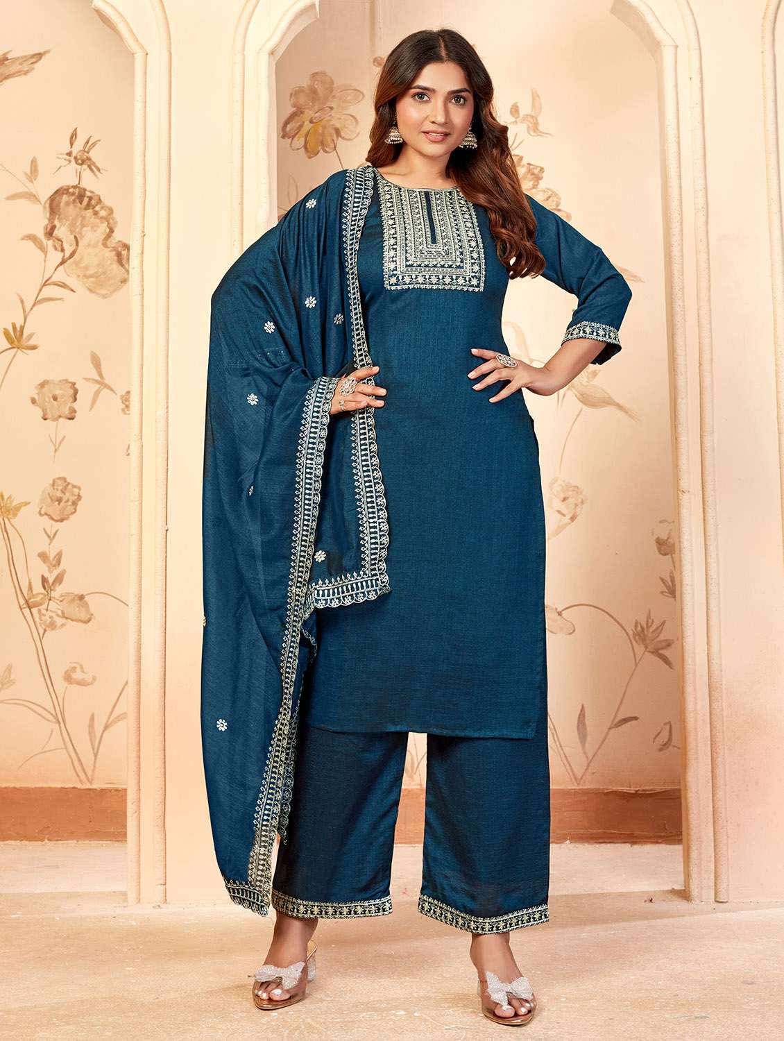 women solid with work three quarter sleeve kurta pant with dupatta set - 22379424 -  Standard Image - 4