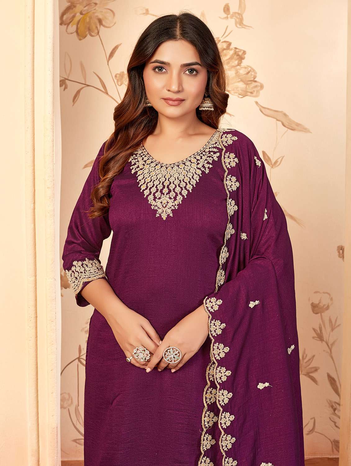 women solid with work three quarter sleeve kurta pant with dupatta set - 22379427 -  Standard Image - 1
