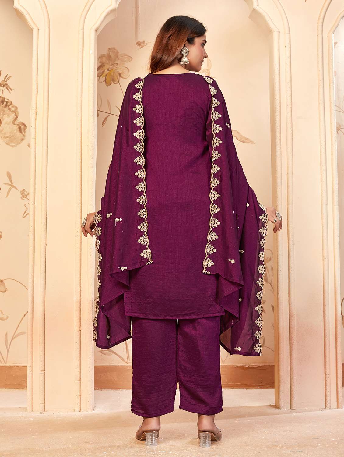 women solid with work three quarter sleeve kurta pant with dupatta set - 22379427 -  Standard Image - 4