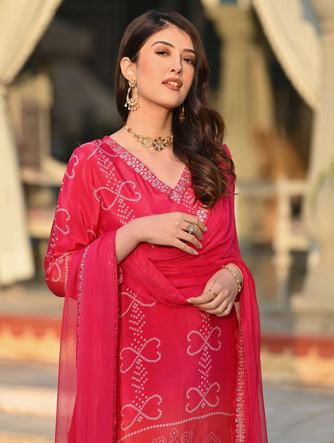 women bandhani three quarter sleeve kurta pant with dupatta set - 22379430 -  Standard Image - 1