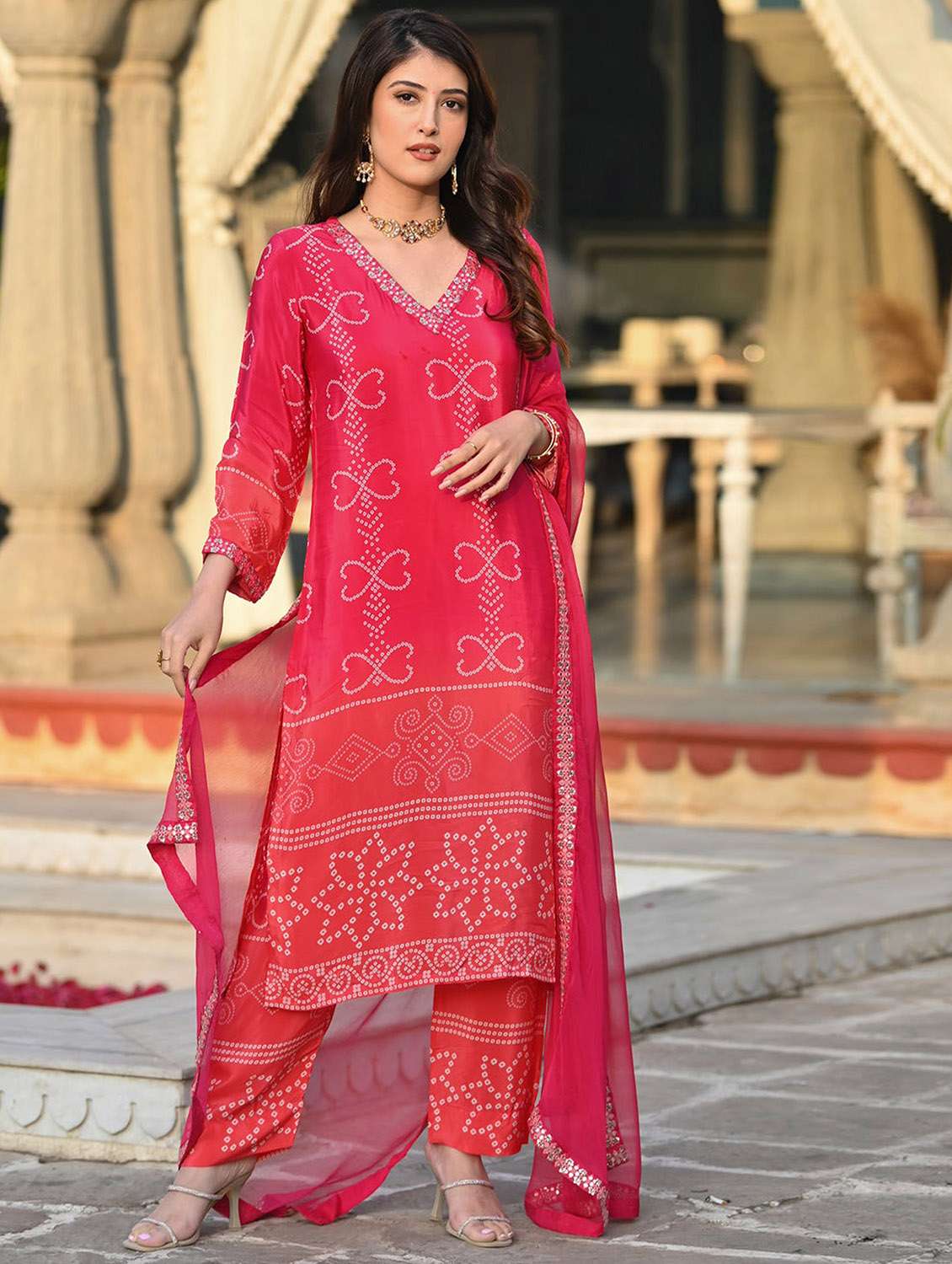 women bandhani three quarter sleeve kurta pant with dupatta set - 22379430 -  Standard Image - 4