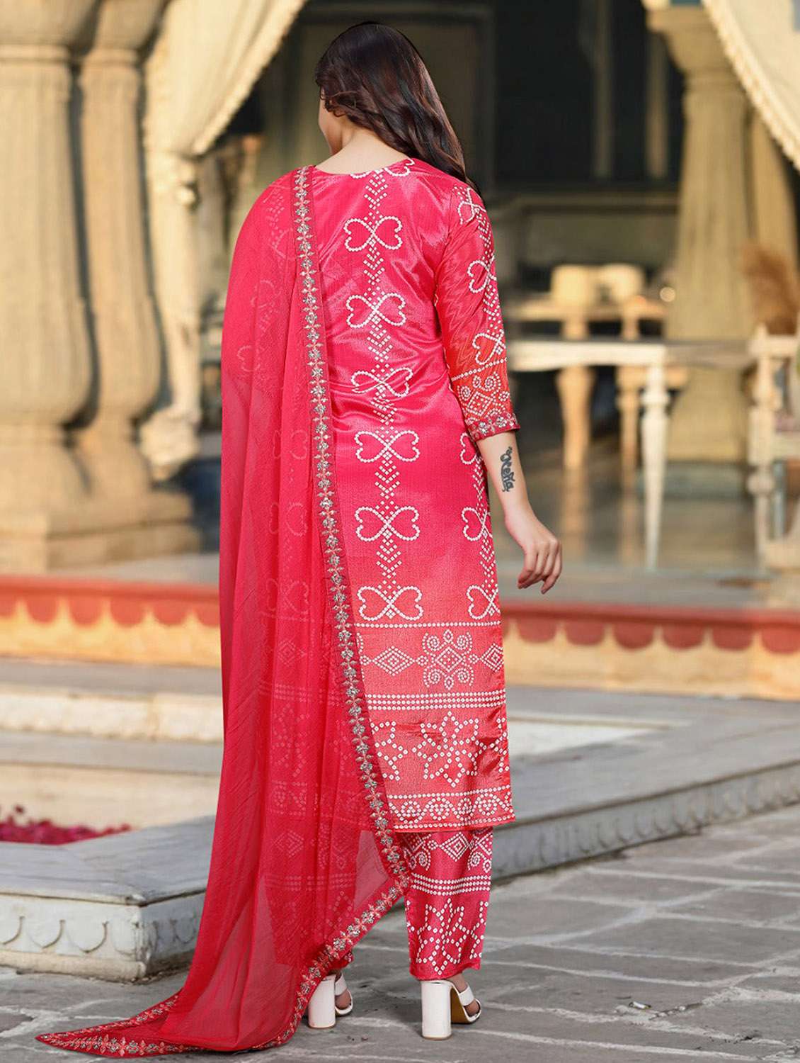 women bandhani three quarter sleeve kurta pant with dupatta set - 22379430 -  Standard Image - 6