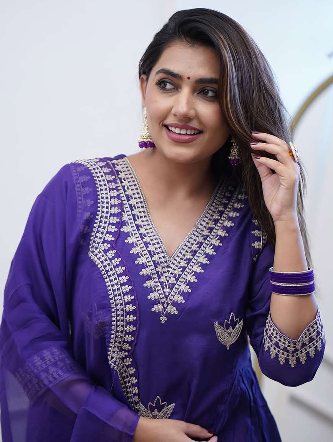 women solid with work three quarter sleeve kurta pant with dupatta set - 22379434 -  Standard Image - 1