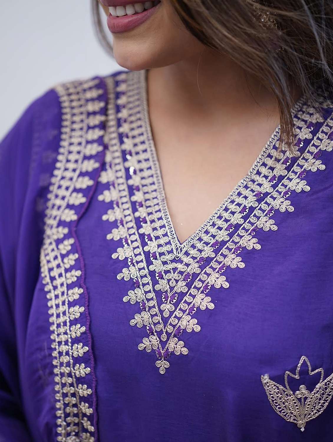 women solid with work three quarter sleeve kurta pant with dupatta set - 22379434 -  Standard Image - 4