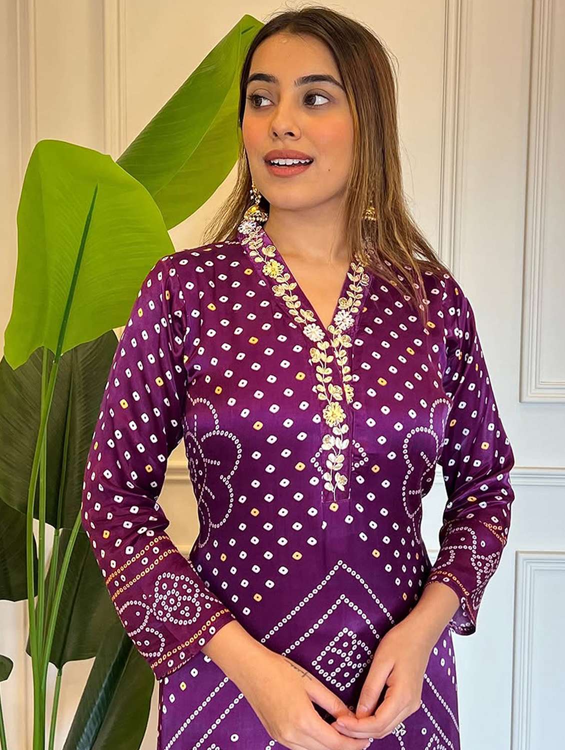 women bandhani three quarter sleeve kurta pant with dupatta set - 22379435 -  Standard Image - 1