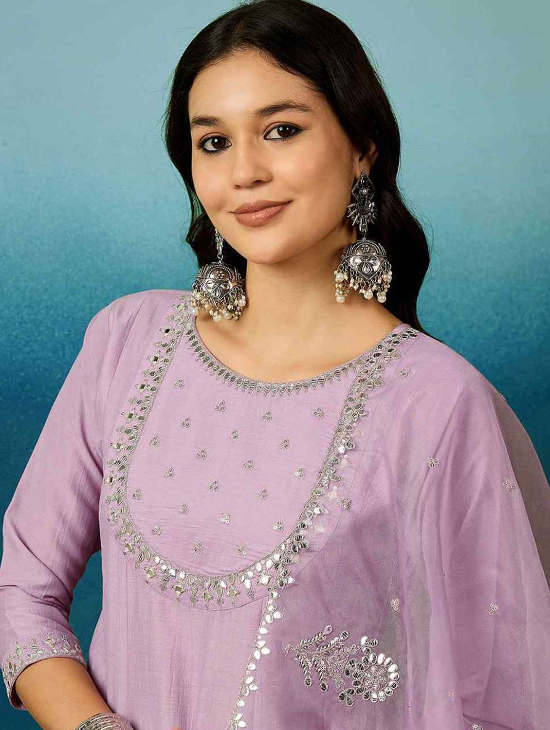 women solid with work three quarter sleeve kurta pant with dupatta set - 22379436 -  Standard Image - 1