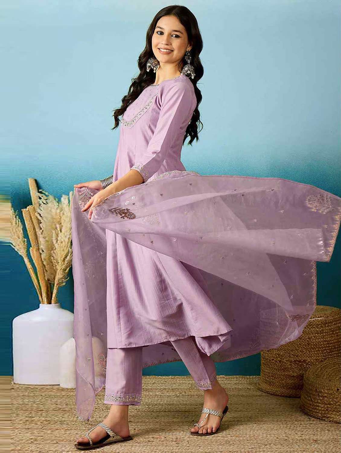 women solid with work three quarter sleeve kurta pant with dupatta set - 22379436 -  Standard Image - 4