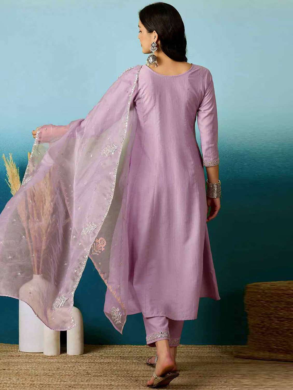 women solid with work three quarter sleeve kurta pant with dupatta set - 22379436 -  Standard Image - 6