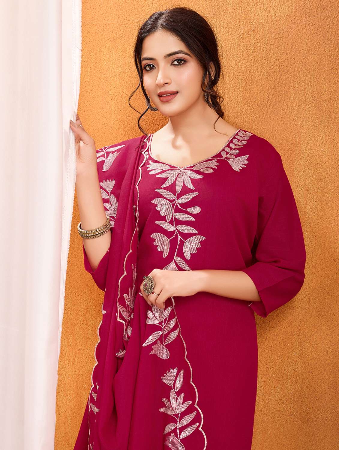 women solid with work three quarter sleeve kurta pant with dupatta set - 22379451 -  Standard Image - 1