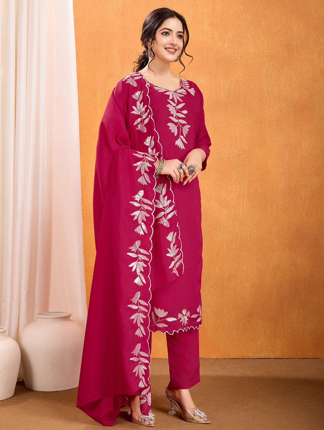 women solid with work three quarter sleeve kurta pant with dupatta set - 22379451 -  Standard Image - 4