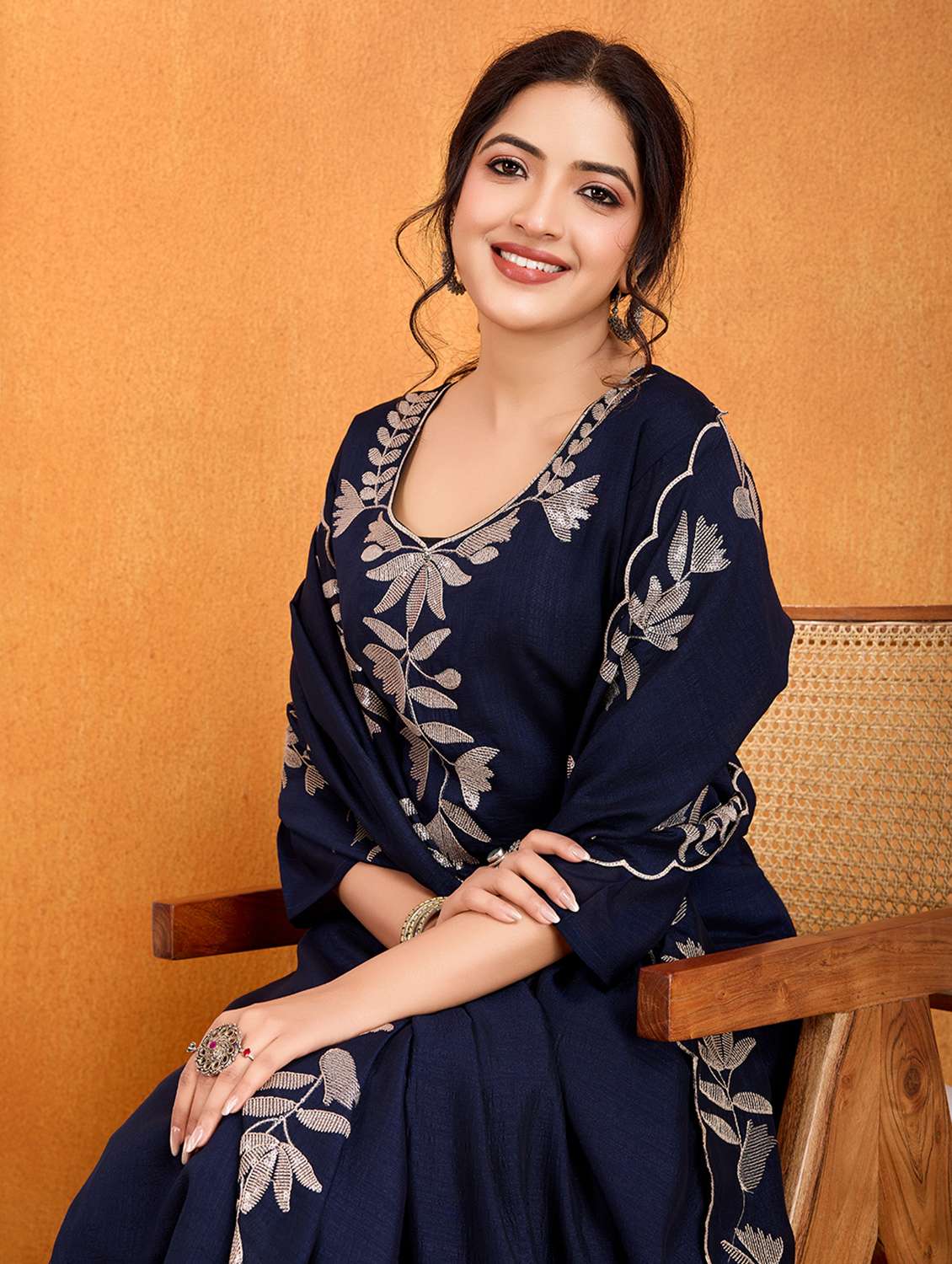 women solid with work three quarter sleeve kurta pant with dupatta set - 22379452 -  Standard Image - 1