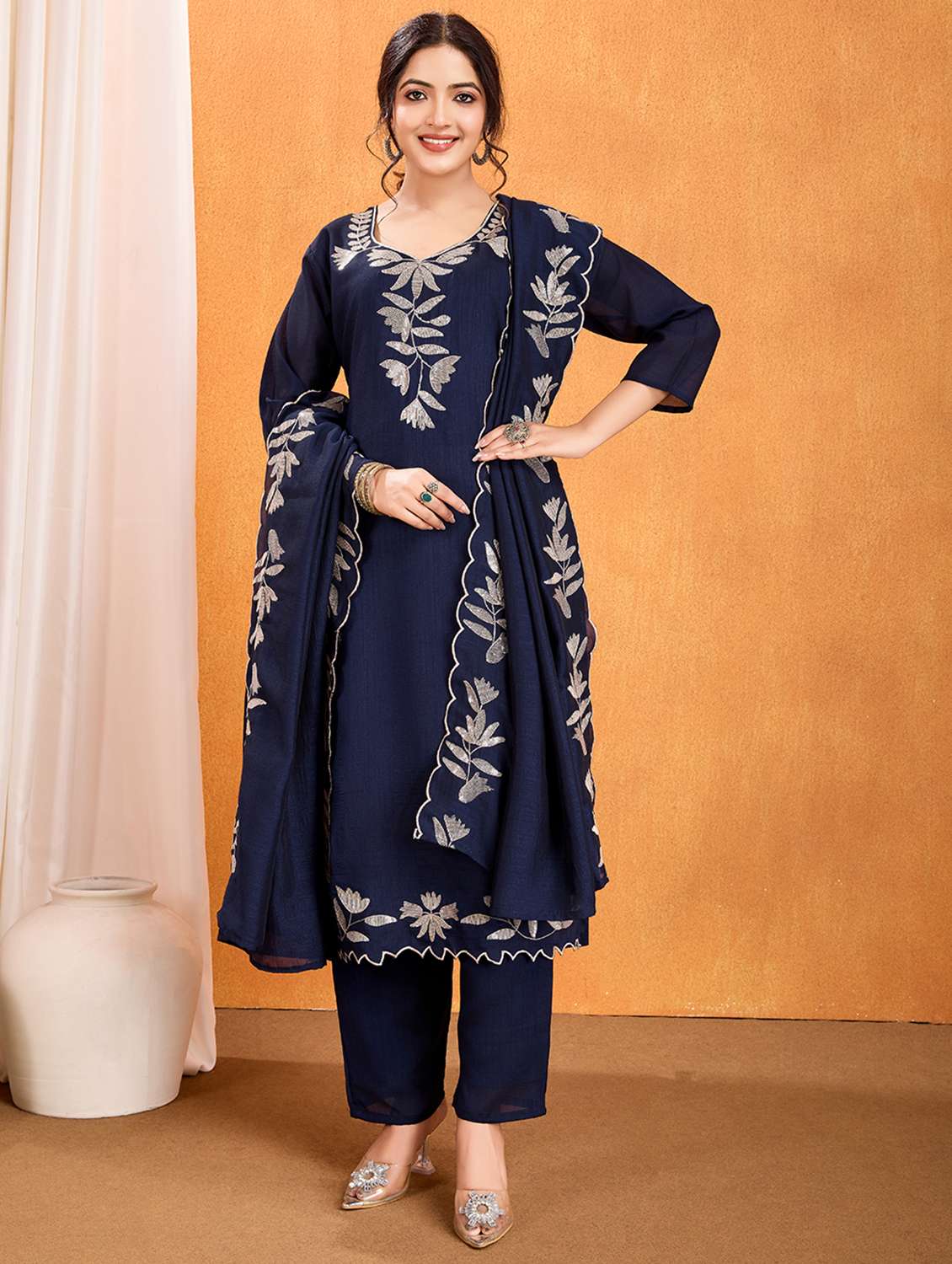 women solid with work three quarter sleeve kurta pant with dupatta set - 22379452 -  Standard Image - 4