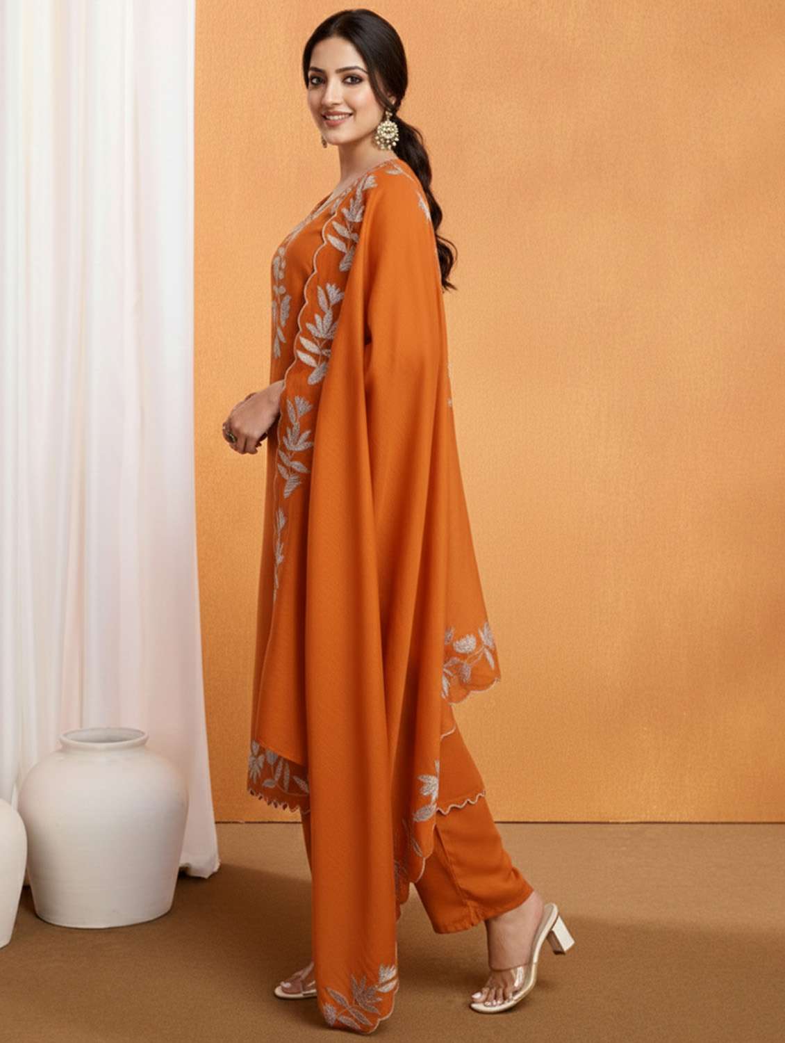 women solid with work three quarter sleeve kurta pant with dupatta set - 22379453 -  Standard Image - 1