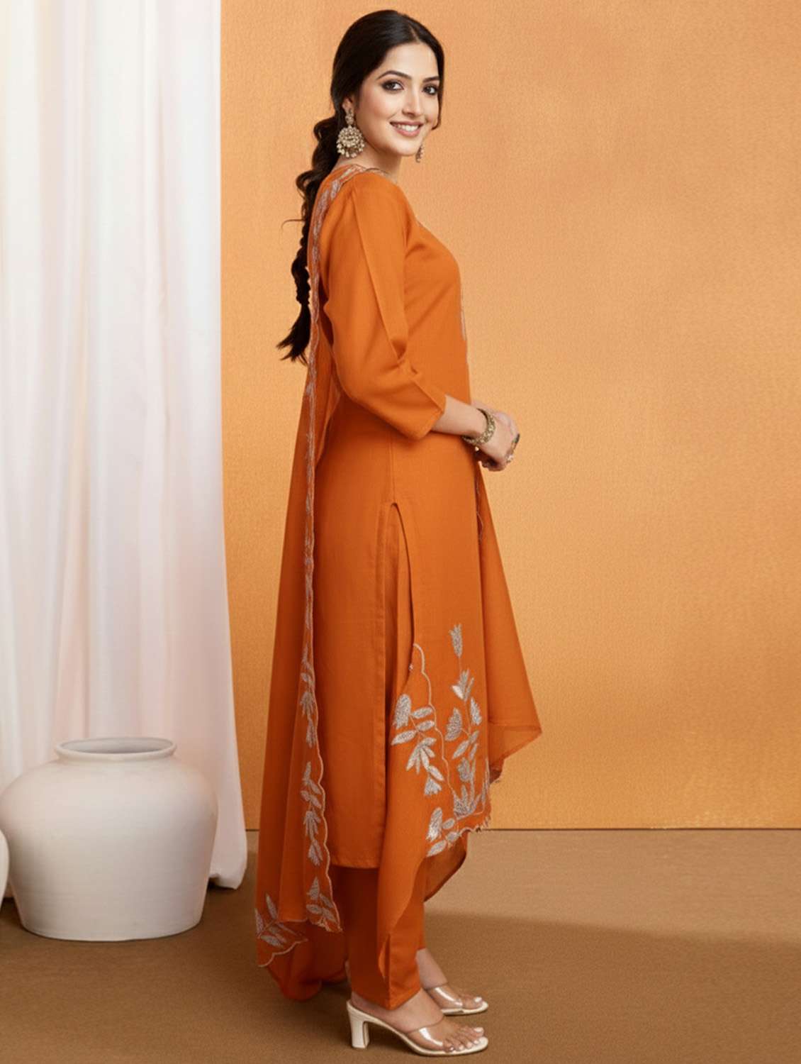women solid with work three quarter sleeve kurta pant with dupatta set - 22379453 -  Standard Image - 4