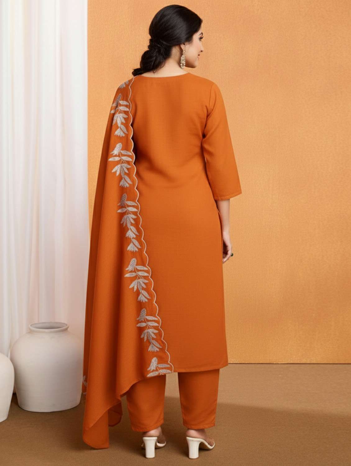 women solid with work three quarter sleeve kurta pant with dupatta set - 22379453 -  Standard Image - 6