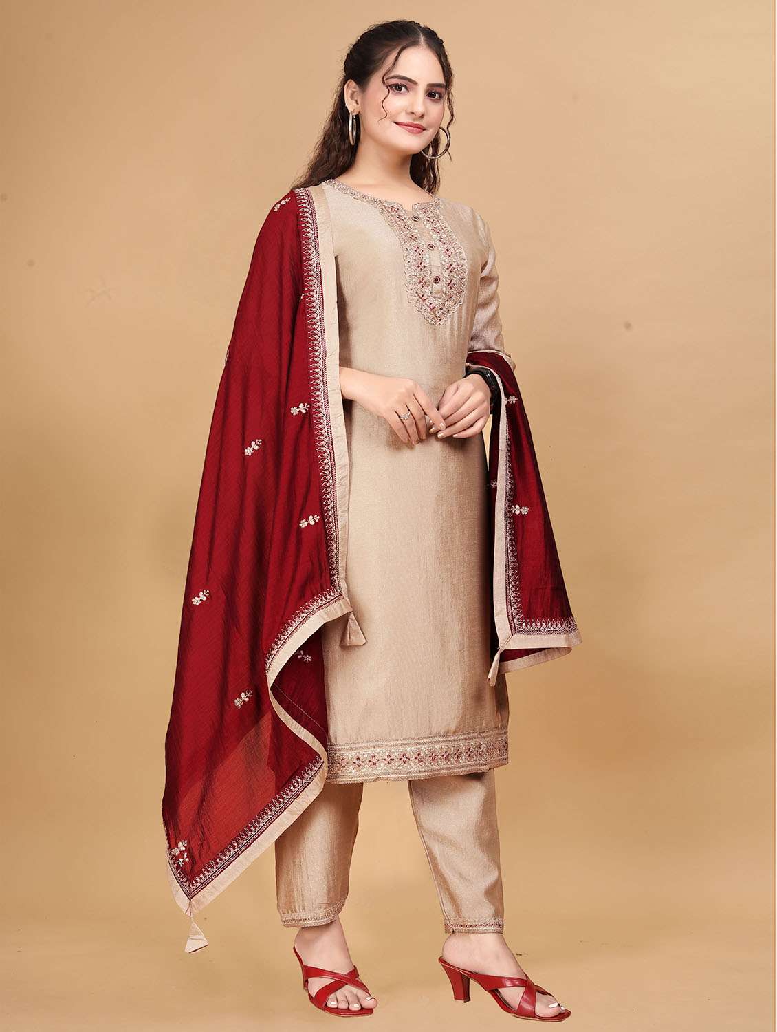 women solid with work three quarter sleeve kurta pant with dupatta set - 22379456 -  Standard Image - 1