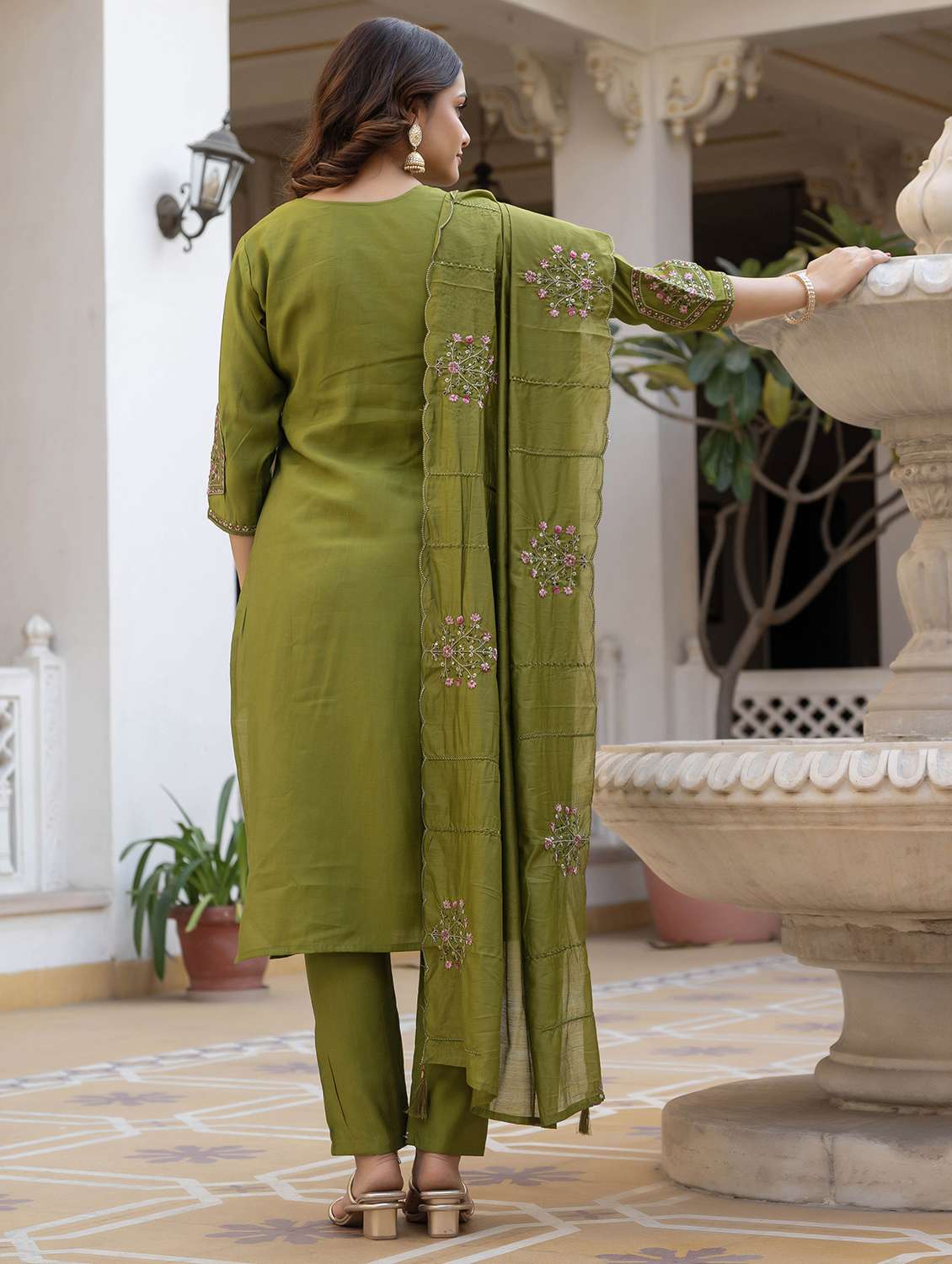 women solid with work three quarter sleeve kurta pant with dupatta set - 22379459 -  Standard Image - 4