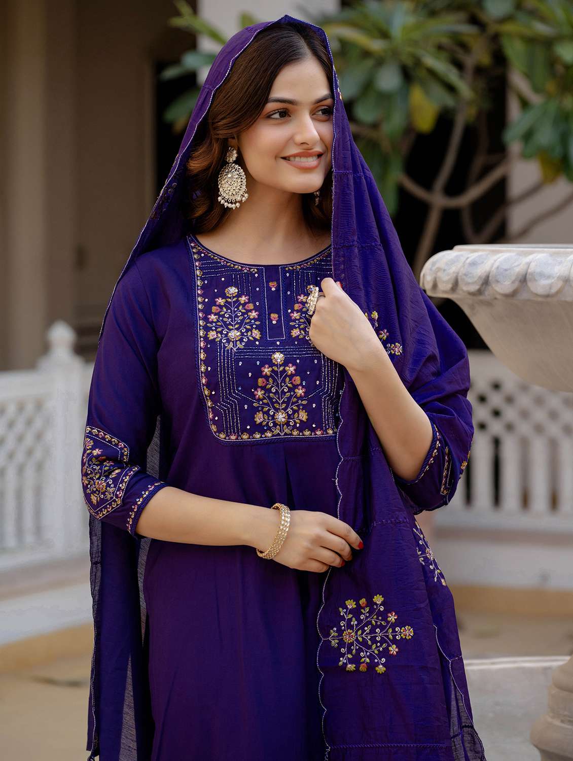 women solid with work three quarter sleeve kurta pant with dupatta set - 22379462 -  Standard Image - 1