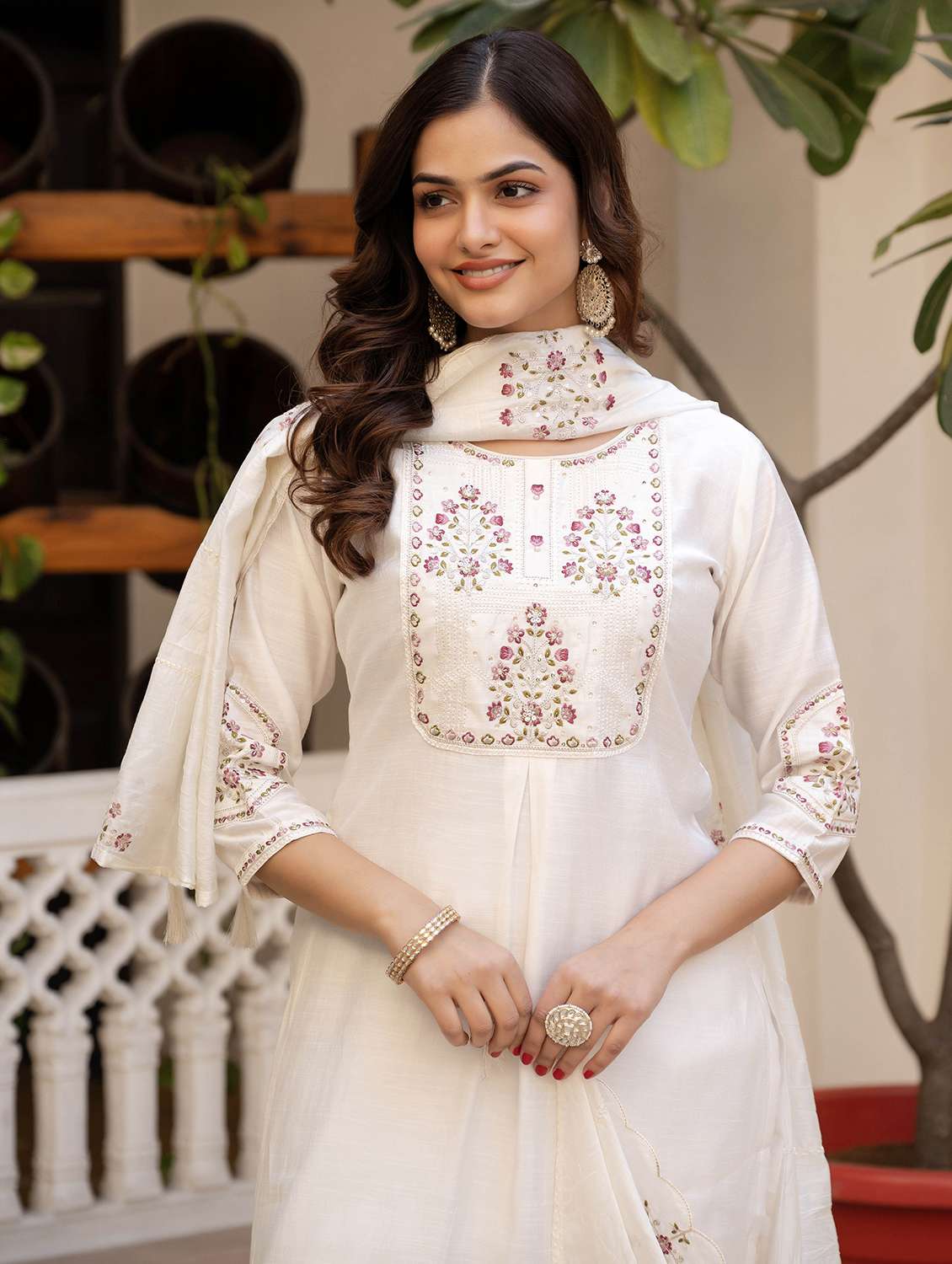 women solid with work three quarter sleeve kurta pant with dupatta set - 22379463 -  Standard Image - 1