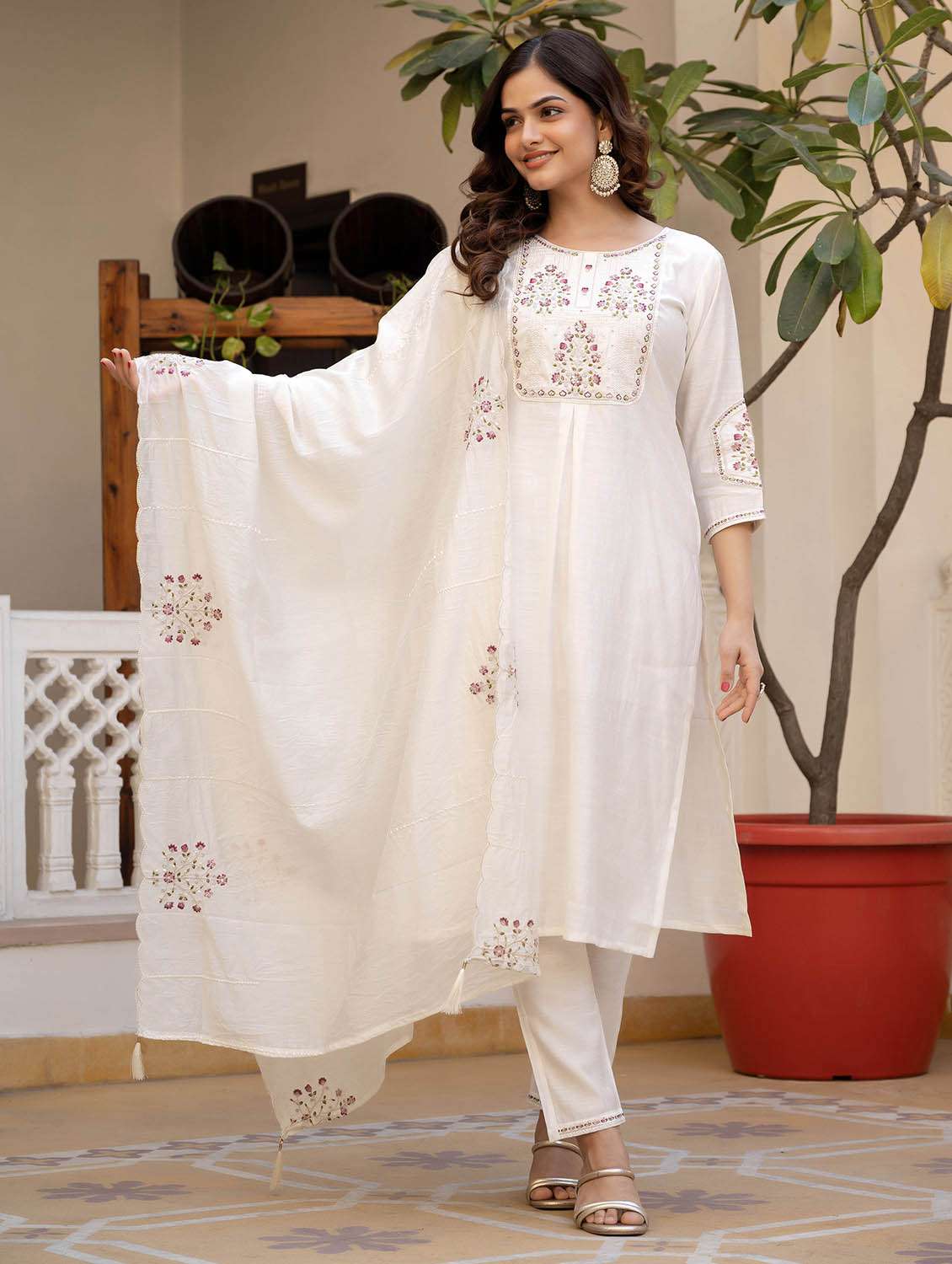 women solid with work three quarter sleeve kurta pant with dupatta set - 22379463 -  Standard Image - 4