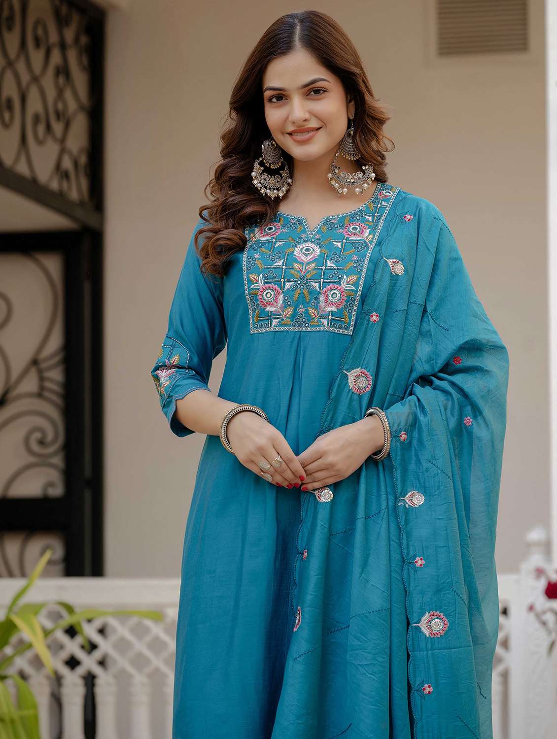 women solid with work three quarter sleeve kurta pant with dupatta set - 22379465 -  Standard Image - 1