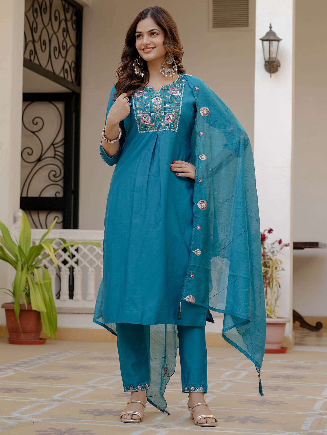 women solid with work three quarter sleeve kurta pant with dupatta set - 22379465 -  Standard Image - 4