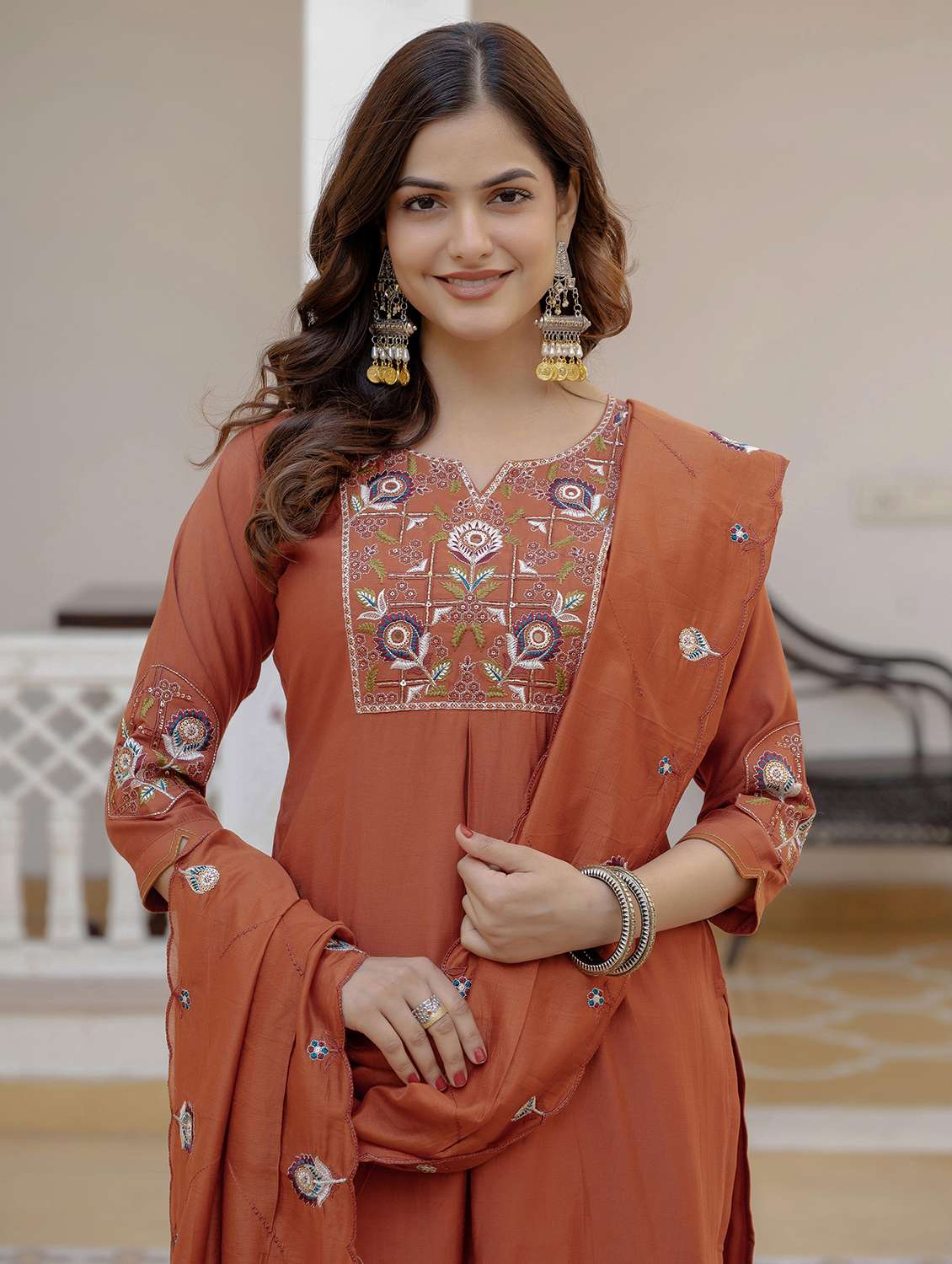 women solid with work three quarter sleeve kurta pant with dupatta set - 22379468 -  Standard Image - 1